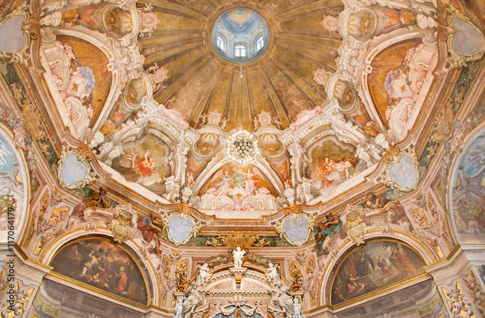 BRESCIA, ITALY - MAY 21, 2016: The fresco of main apse with the symbols of cardinal virtues in Chiesa di Santa Maria della Carita by Ferdinando Cairo and Luigi Vernazal from 18. cent.