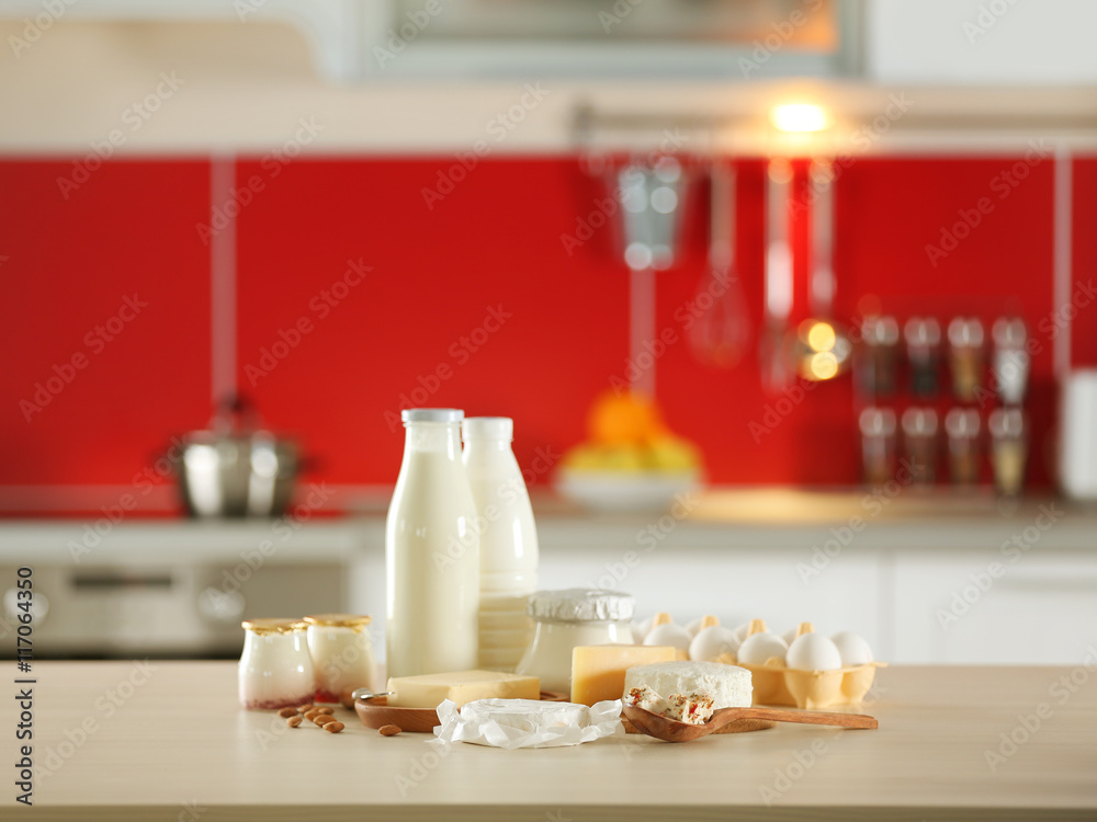 Dairy products on kitchen table Dairy products on kitchen table