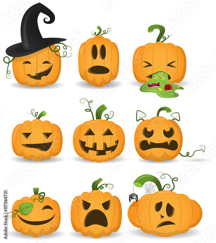 Halloween Kürbisse mit Gesichtern gruselig lustig Vektor Symbole Set