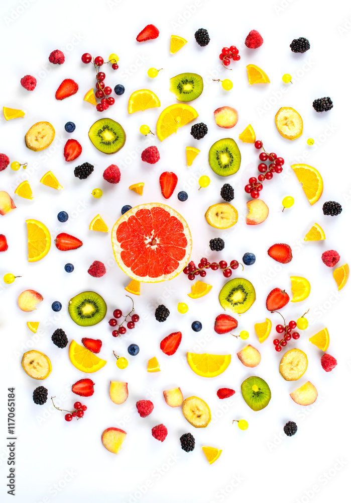 Various fresh summer fruits and berries isolated on a white background. Top view. Various fresh summer fruits and berries isolated on a white background. Top view.