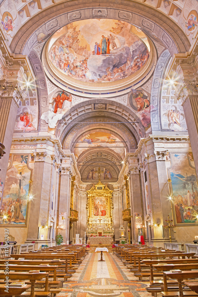 BRESCIA, ITALY - MAY 22, 2016: The nave of church Chiesa di Christo Re with the frescoes by Vittorio Trainini (1936).