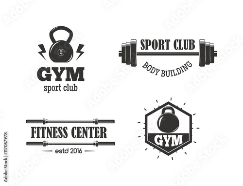 Set of monochrome gym fitness emblems, labels, badges, logos and designed elements. Gym fitness logo muscle body weight bodybuilding. Strong people club vector gym fitness logo set.