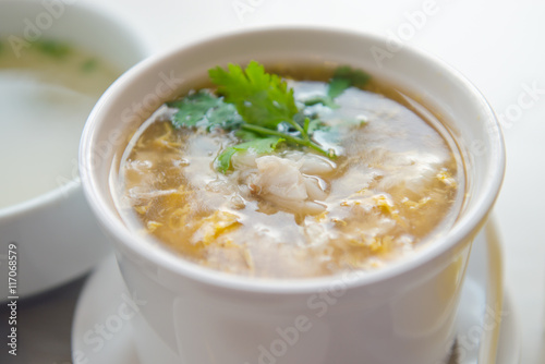 Bamboo and crab soup served with coriander vegetable leaf