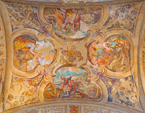 BRESCIA  ITALY - MAY 23  2016  The ceiling frescoes from life of Moses in church Chiesa di Santa Maria del Carmine by Tommaso Sandrino  1580     1630 