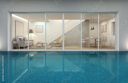 living room, dining room and swimming pool in modern house - 3d rendering © terng99