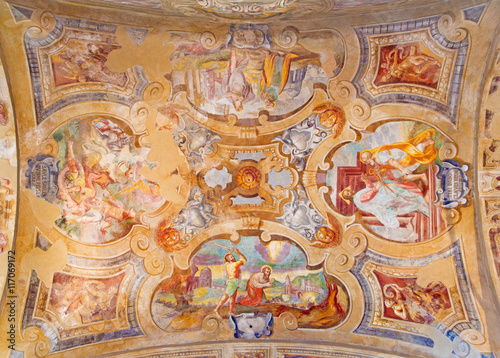BRESCIA, ITALY - MAY 23, 2016: The ceiling frescoes from life of St. Peter and Paul in church Chiesa di Santa Maria del Carmine by Tommaso Sandrino (1580 – 1630)
