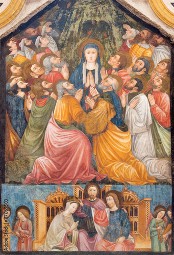 BRESCIA, ITALY - MAY 22, 2016: The fresco of Pentecost in church Chiesa di Santa Maria del Carmine (Pentecost chapel) by artist from Brescian school from 15. cent.