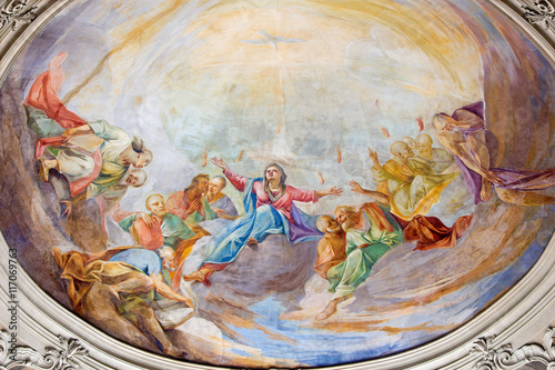 BRESCIA, ITALY - MAY 22, 2016: The fresco of Pentecost on side cupola in church Chiesa di Santa Maria del Carmine (Pentecost chapel) by Giovanni Luca Molinari (1724).