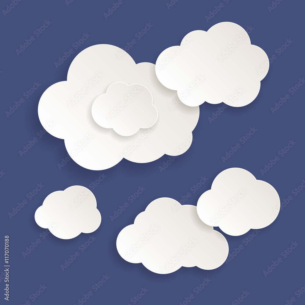 Set of white blank clouds icons for messages or web. Variety shapes, isolated on blue background. Vector illustration, EPS 10.