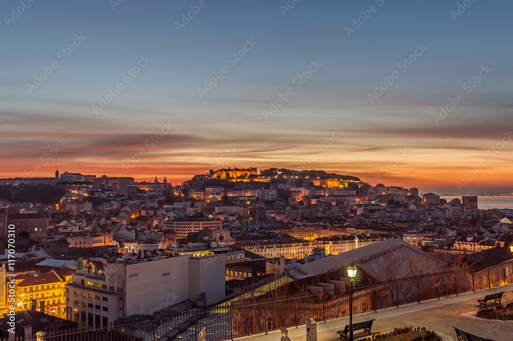 St George castle and old city in the dawn, Lisbon, Portugal