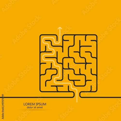 Maze / labyrinth template. White arrow going through the maze, path across a labyrinth. Isolated on yellow background. Vector illustration.
