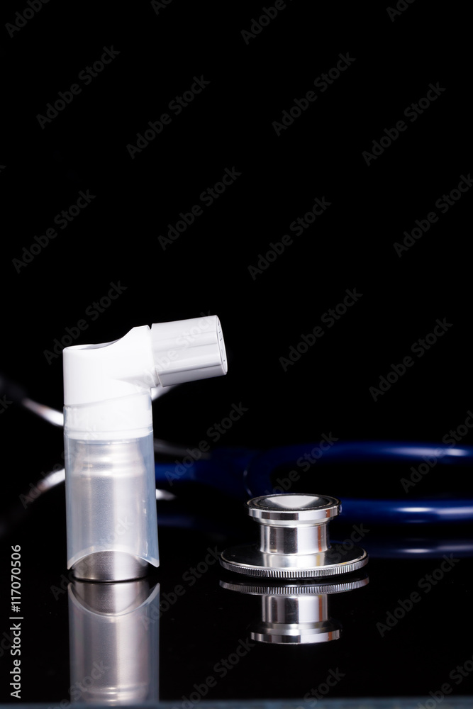asthma inhaler and medicine on white background