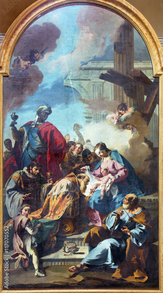 BRESCIA, ITALY - MAY 22, 2016: The painting Three Magi in church Chiesa di Santa Maria dei Miracoli by Giovanni Battista Pittoni (1687 - 1767).