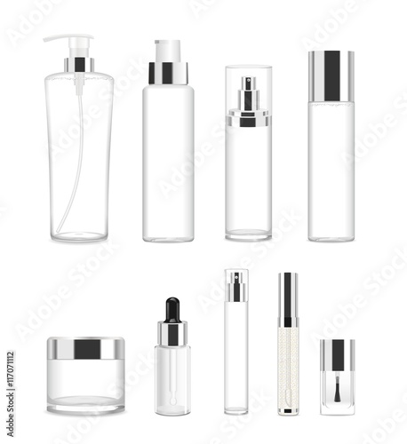 Set of nine transparent cosmetic tubes. Vector