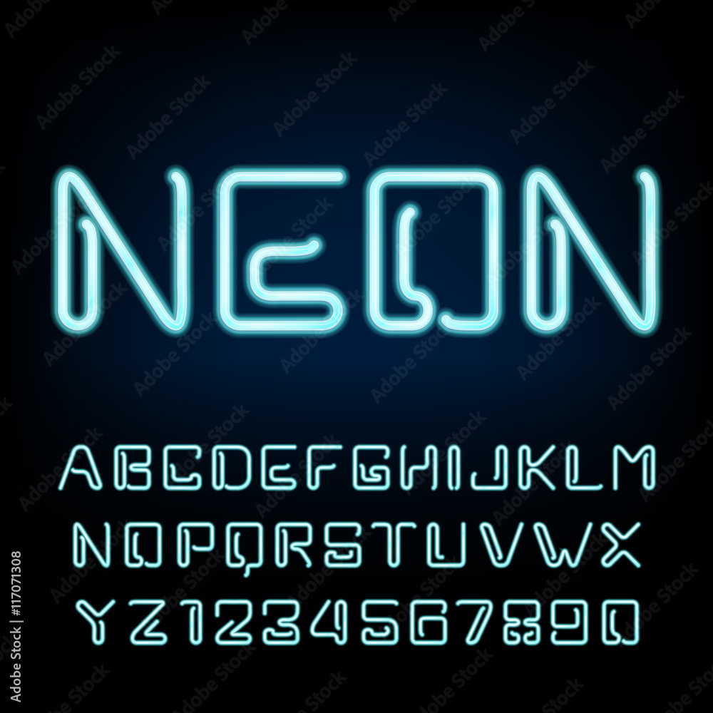 Neon tube alphabet font. Futuristic type letters and numbers on a dark background. Vector typeface for labels, titles, posters etc.