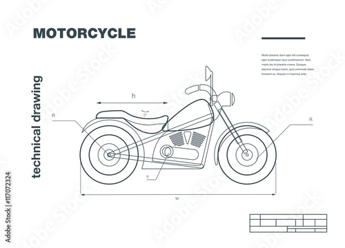 Technical wireframe Illustration with motorbike drawing on the white background