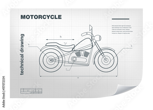 Technical wireframe Illustration with motorbike drawing on the white blueprint