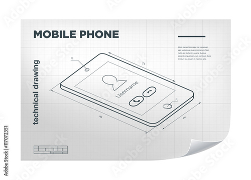Technical Illustration with mobile phone drawing on the white blueprint.