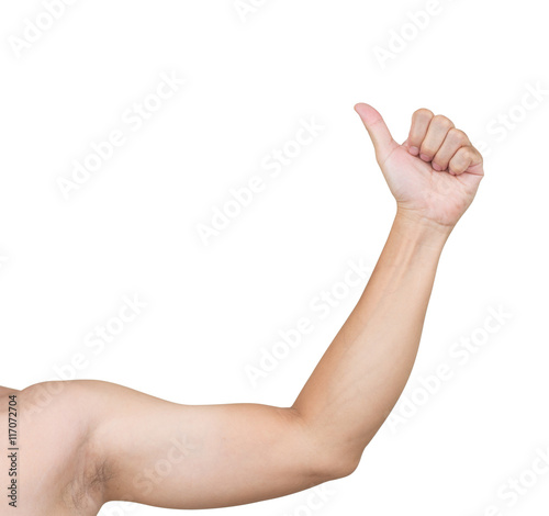 Hand thumb up with arm isolated on white background, clipping path