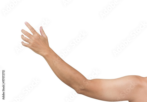 Man hands try to grab something isolated on white background, clipping path