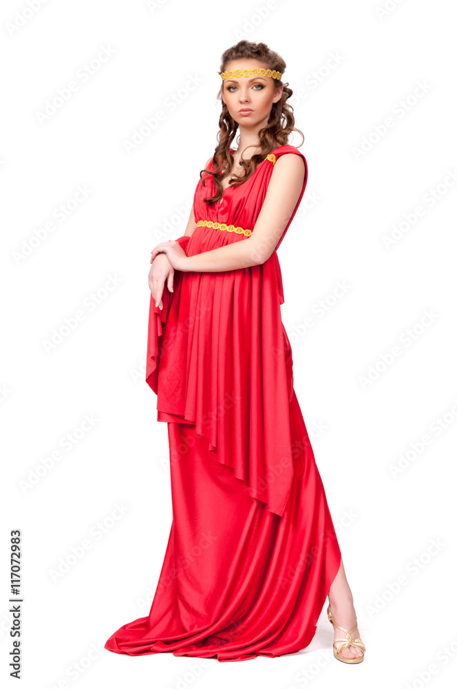 Beautiful young female wearing red dress antique style isolated