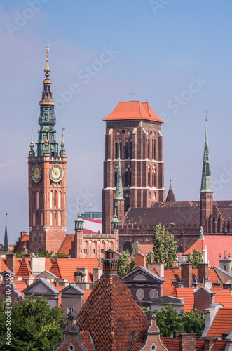 Towers of the town hall and St Mary's church in Gdansk, Poland
