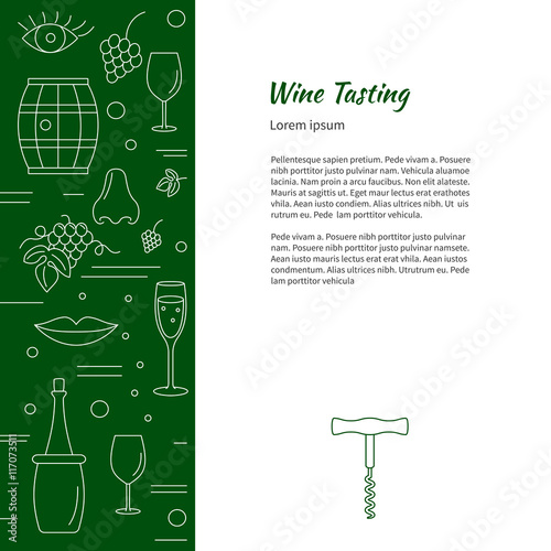 Winemaking, wine tasting flyer, poster with winery symbols and with place for your text. Vector design template with winery graphic design elements in white mono line style isolated on background.