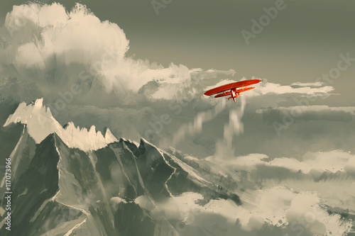 red biplane flying over mountain,illustration,digital painting