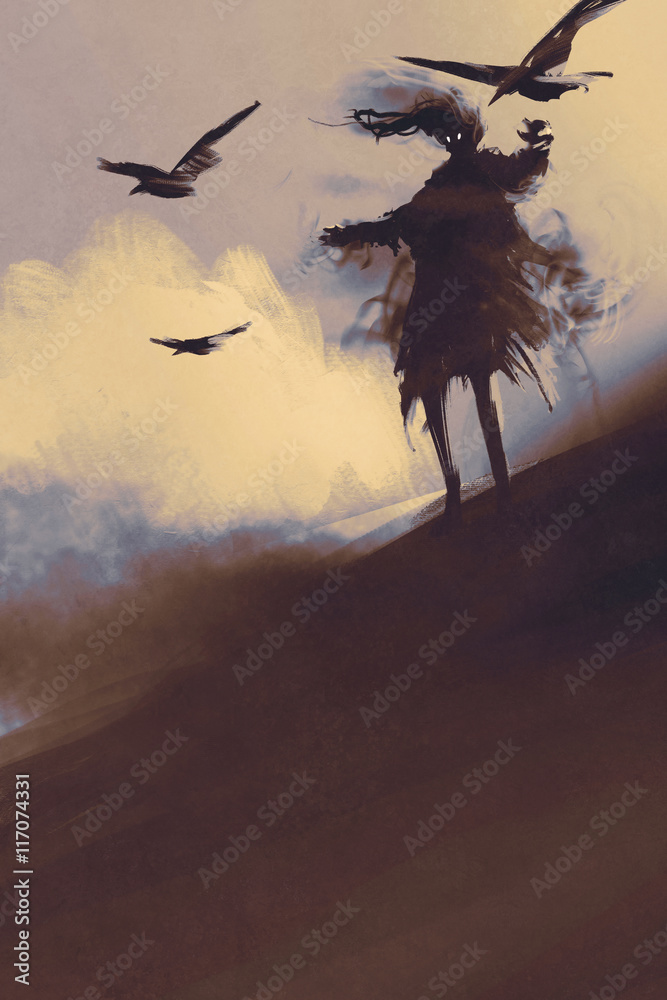 Fototapeta premium ghost with flying crows in the desert,illustration,digital painting