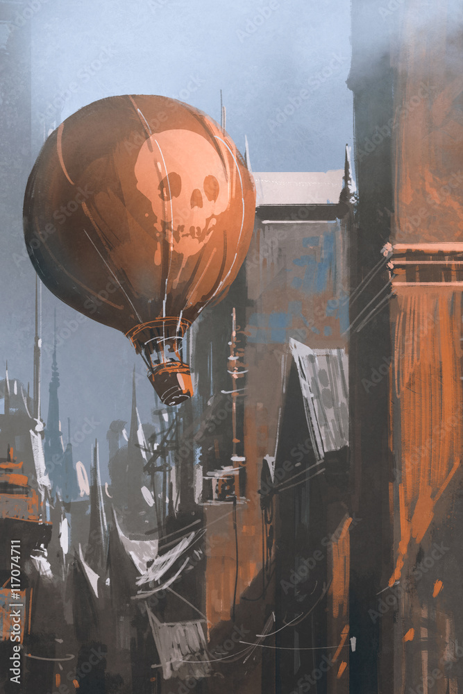 Fototapeta premium hot air balloon floating in the old city,illustration,digital painting