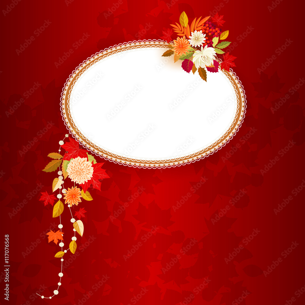 Wedding red background in warm colors. In the center is the beige frame with autumn flowers, leaves and berries. It can be used for wedding invitations and save the date. Wedding red background in warm colors. In the center is the beige frame with autumn flowers, leaves and berries. It can be used for wedding invitations and save the date.