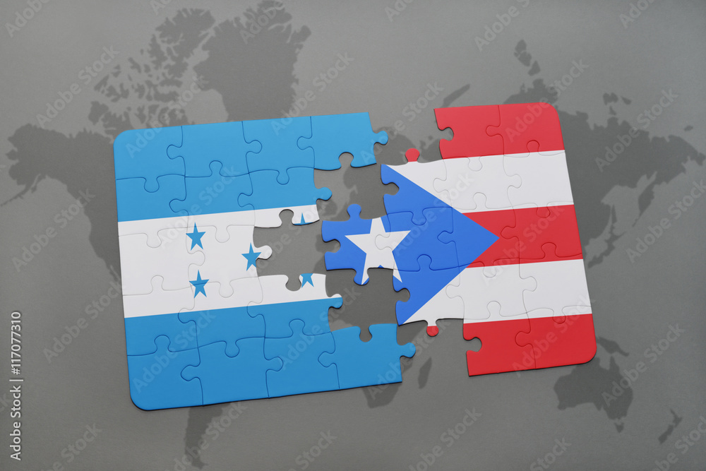 puzzle with the national flag of honduras and puerto rico on a world map  background. Stock Photo | Adobe Stock