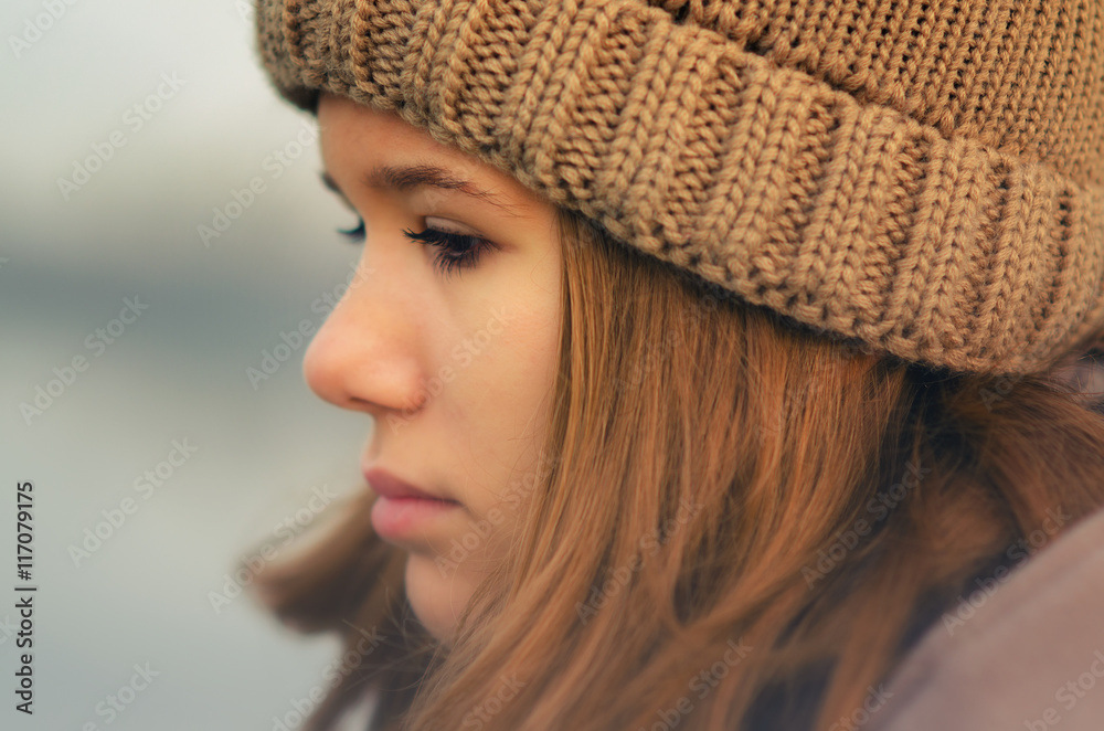 Portrait of beautiful sad girl in autumn outdoor Portrait of beautiful sad girl in autumn outdoor