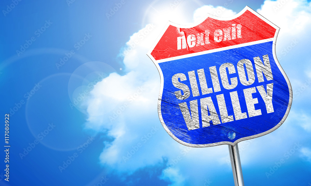 silicon valley, 3D rendering, blue street sign