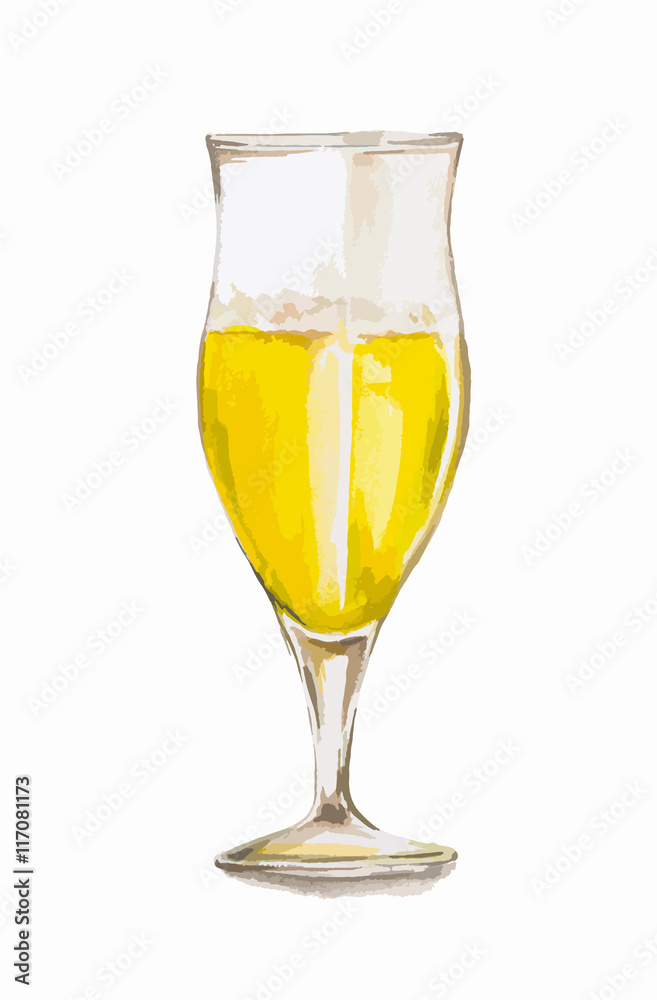 Watercolor beer glass on white background. Concept of bar, pub, beer demonstration and Oktoberfest.
