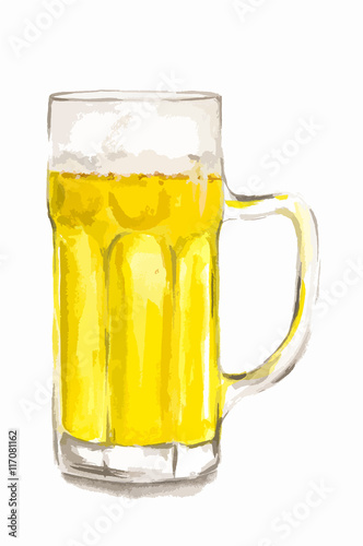 Watercolor beer glass on white background. Concept of bar, pub, beer demonstration and Oktoberfest.