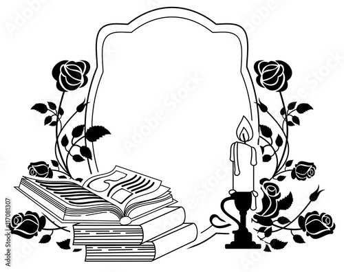 Contour frame with roses, books and candlestick. Vector clip art. 