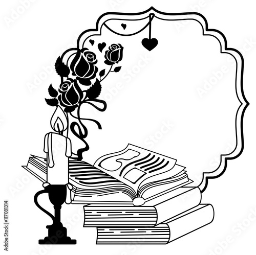 Contour frame with roses, books and candlestick. Vector clip art. 
