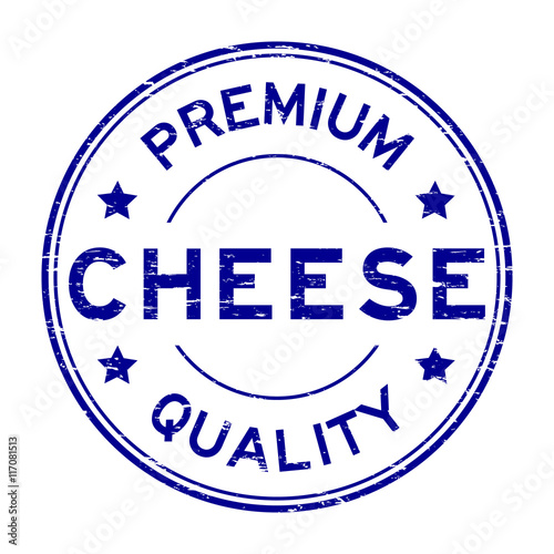 Grunge blue premium quality cheese rubber stamp on white backgro