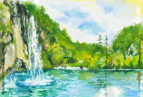 Obraz na płótnie Akwarela krajobraz z wodospadem i jeziorem. Natura letnia i wiosenna. Zielony las z niebieskim niebem i szybkim strumieniem.