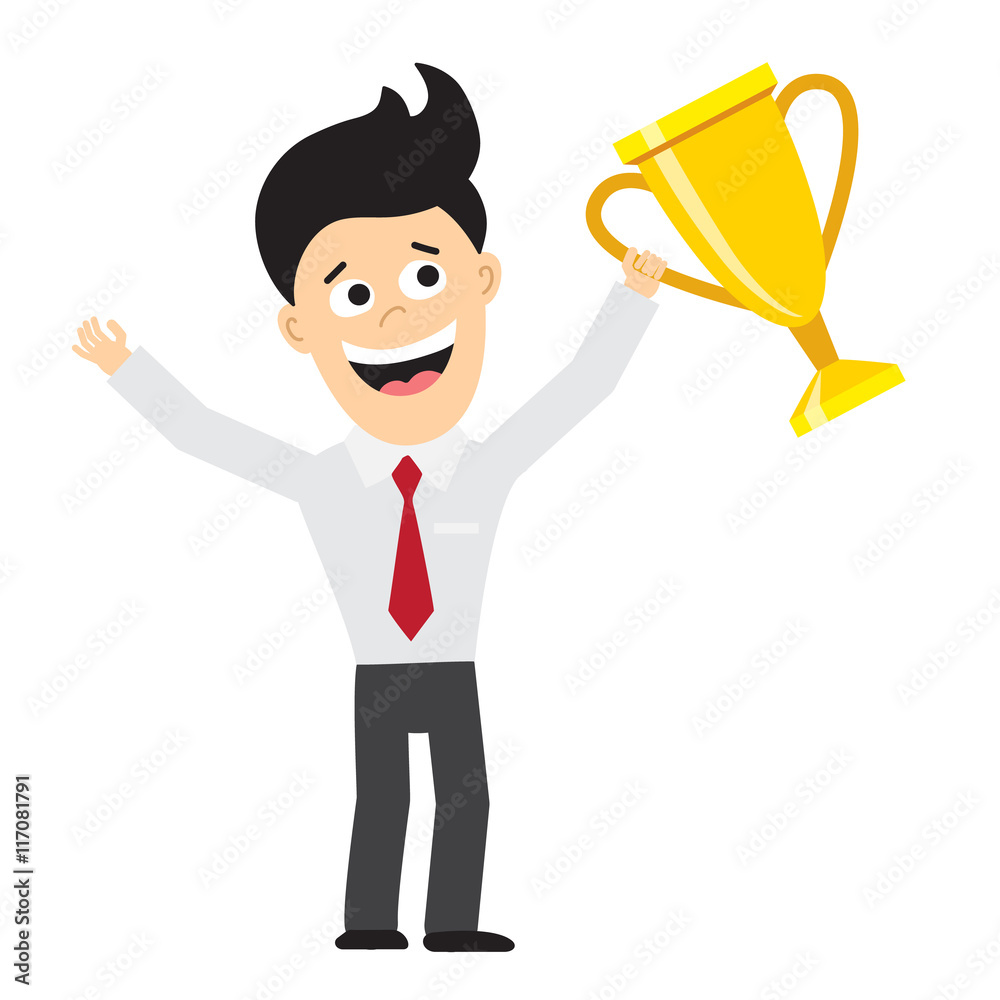 Businessman with trophy. Isolated happy cartoon character. Concept of  success, win and achievement. Happy champion and leader. Stock Vector |  Adobe Stock