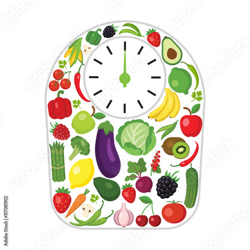 Weights made of vegetables and fruits. Concept of dieting, weight loss and finding balance. All kinds of fresh fruits and vegetables.