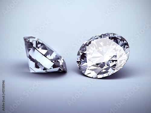 Two diamonds placed on blue background  3D illustration.