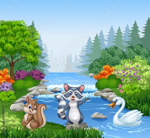 Cartoon funny animals in Beautiful river in forest