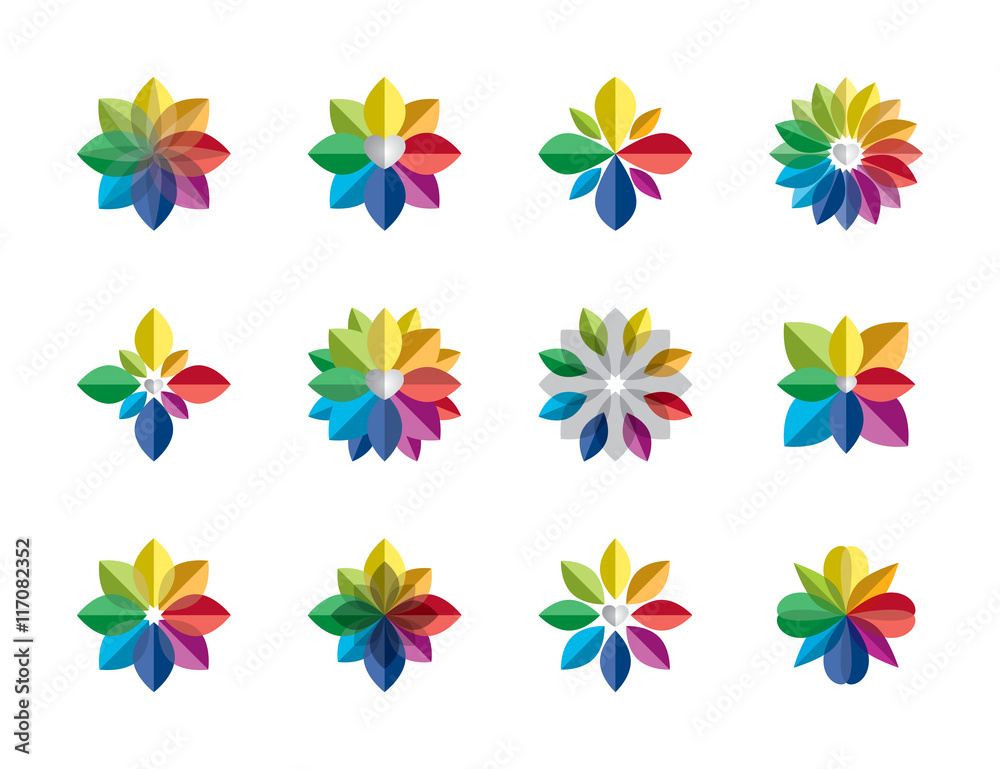 Abstract rainbow flower logo, geometric flora icon, set of colorful