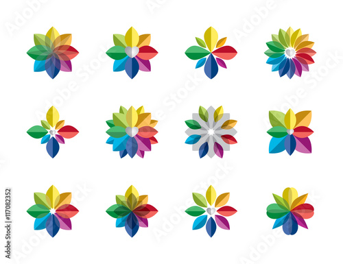 Abstract rainbow flower logo, geometric flora icon, set of colorful floral sign, gradient star collection isolated on white