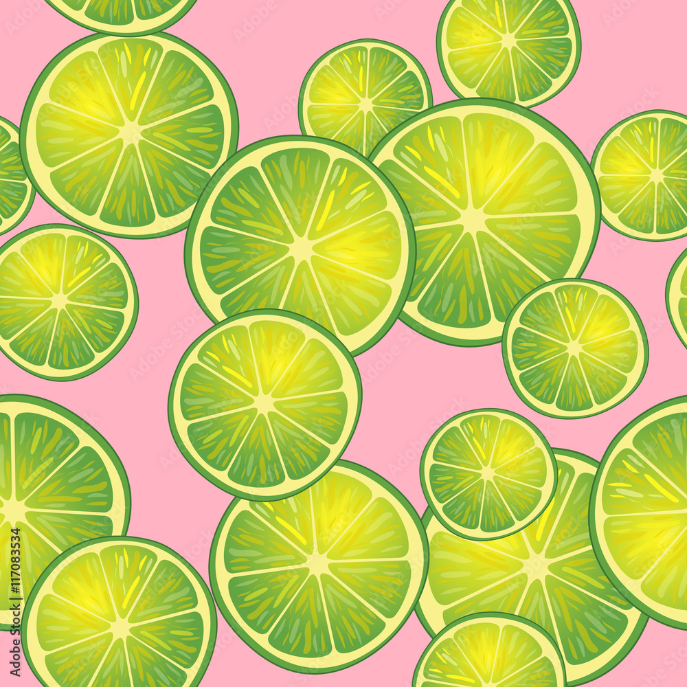 Vector illustration of lime slices on pink background in different angles. Pattern.
