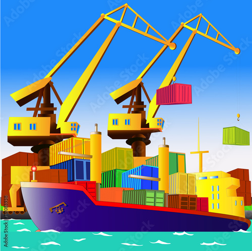 Cargo ship in port with containers and cranes, vector illustration