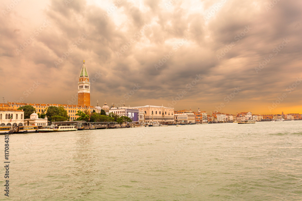 Venice landmark, view from the sea of Piazza San Marco or st Mark square, Campanile and PalazzoDucale or Doge Palace. Italy, Europe. Venice landmark, view from the sea of Piazza San Marco or st Mark square, Campanile and PalazzoDucale or Doge Palace. Italy, Europe.