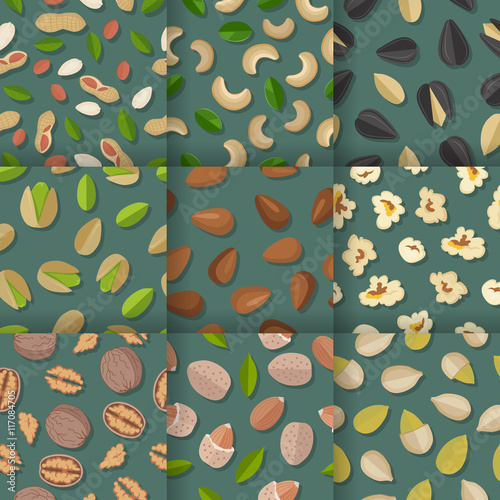 Set of Seamless Patterns with Nuts and Seeds.
